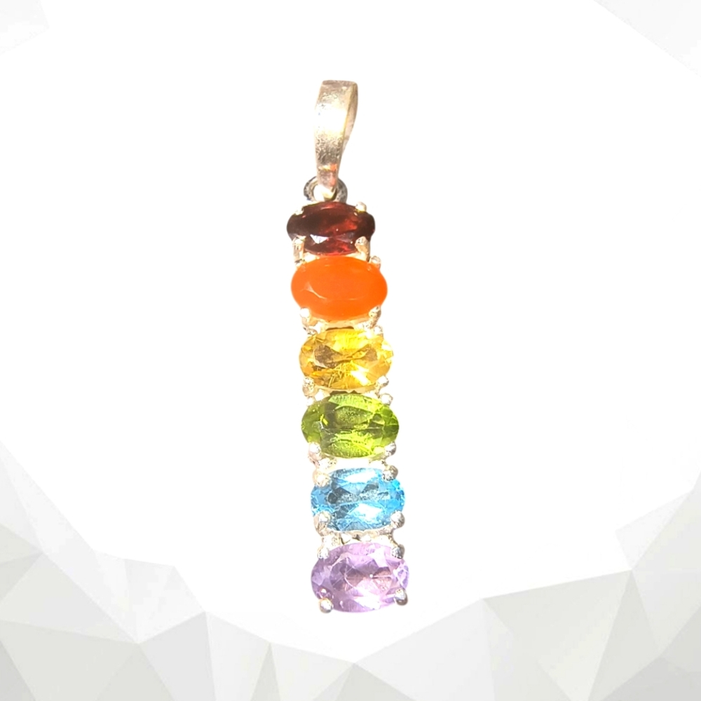 Multi Gemstone & Sterling Silver Linear Chakra Pendant  Brand New